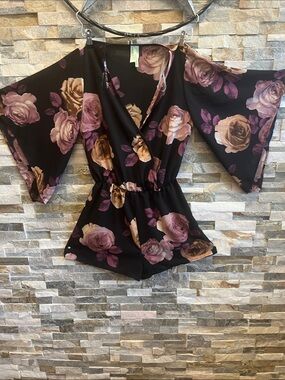 Floral Black & Mauve Romper with Bell Sleeves